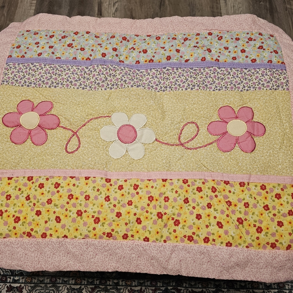 Pair Of Floral Patchwork Quilted Pillow Shams with Pink Accents